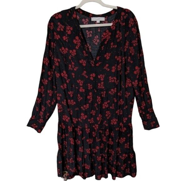Loft LT garden split neck swing tiered ruffle dress long sleeve red blac… - Picture 10 of 10